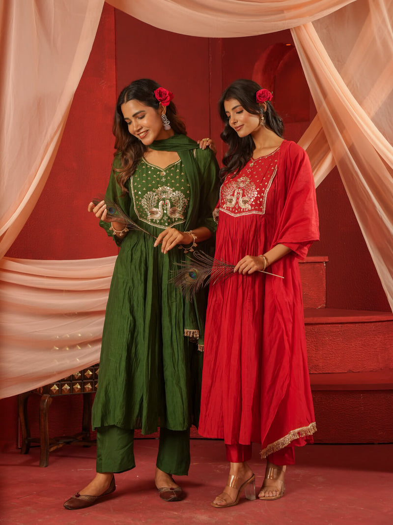 RED MUL CHANDERI SUIT SET WITH HEAVY WORK ON NECK