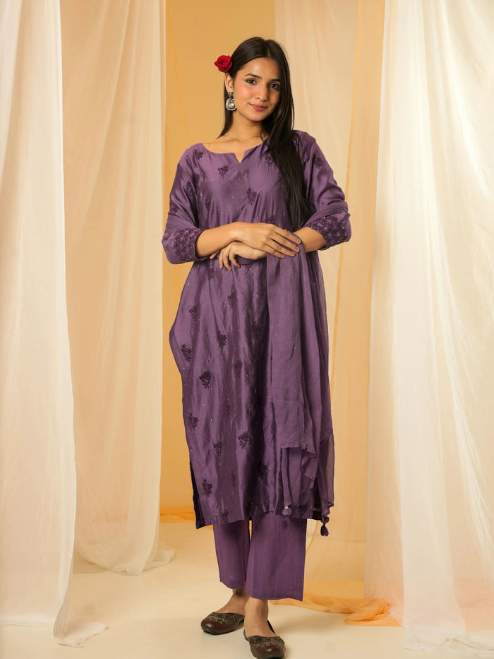 PLUM PURPLE CHANDERI SUIT SET WITH EMBROIDERY