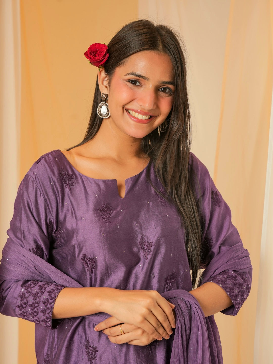 PLUM PURPLE CHANDERI SUIT SET WITH EMBROIDERY