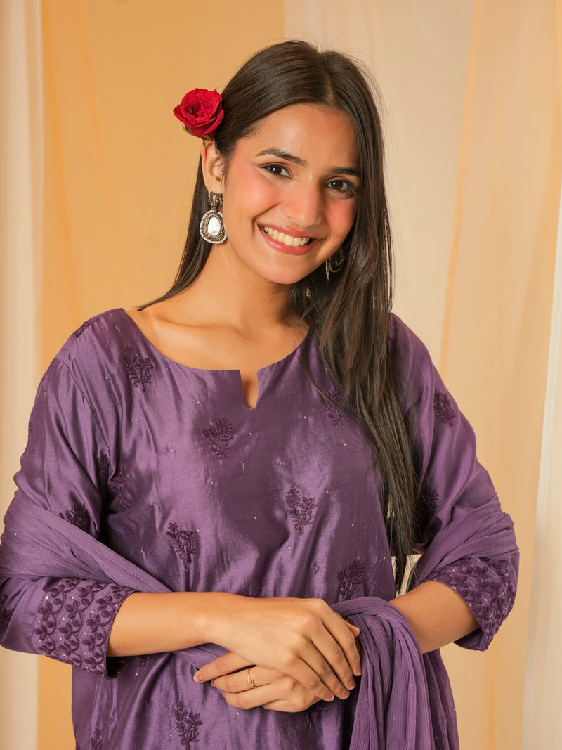 PLUM PURPLE CHANDERI SUIT SET WITH EMBROIDERY