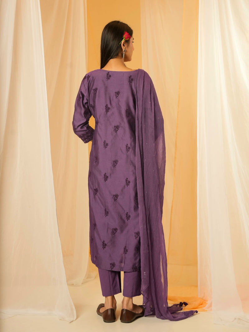PLUM PURPLE CHANDERI SUIT SET WITH EMBROIDERY