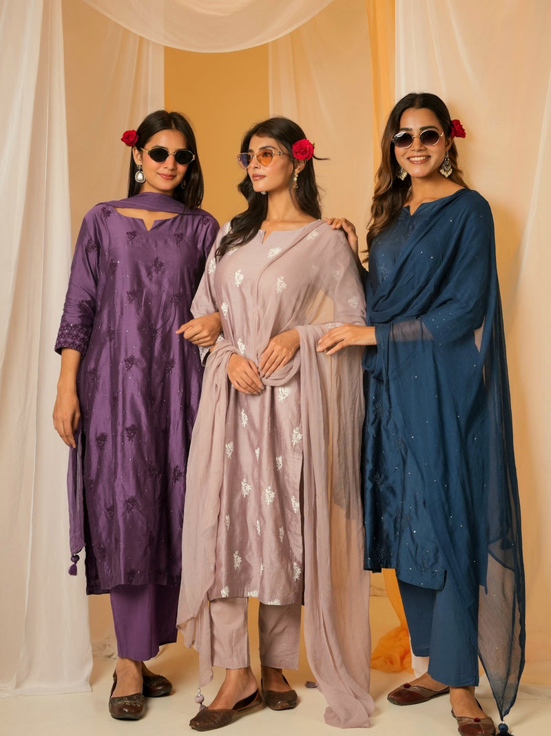 PLUM PURPLE CHANDERI SUIT SET WITH EMBROIDERY
