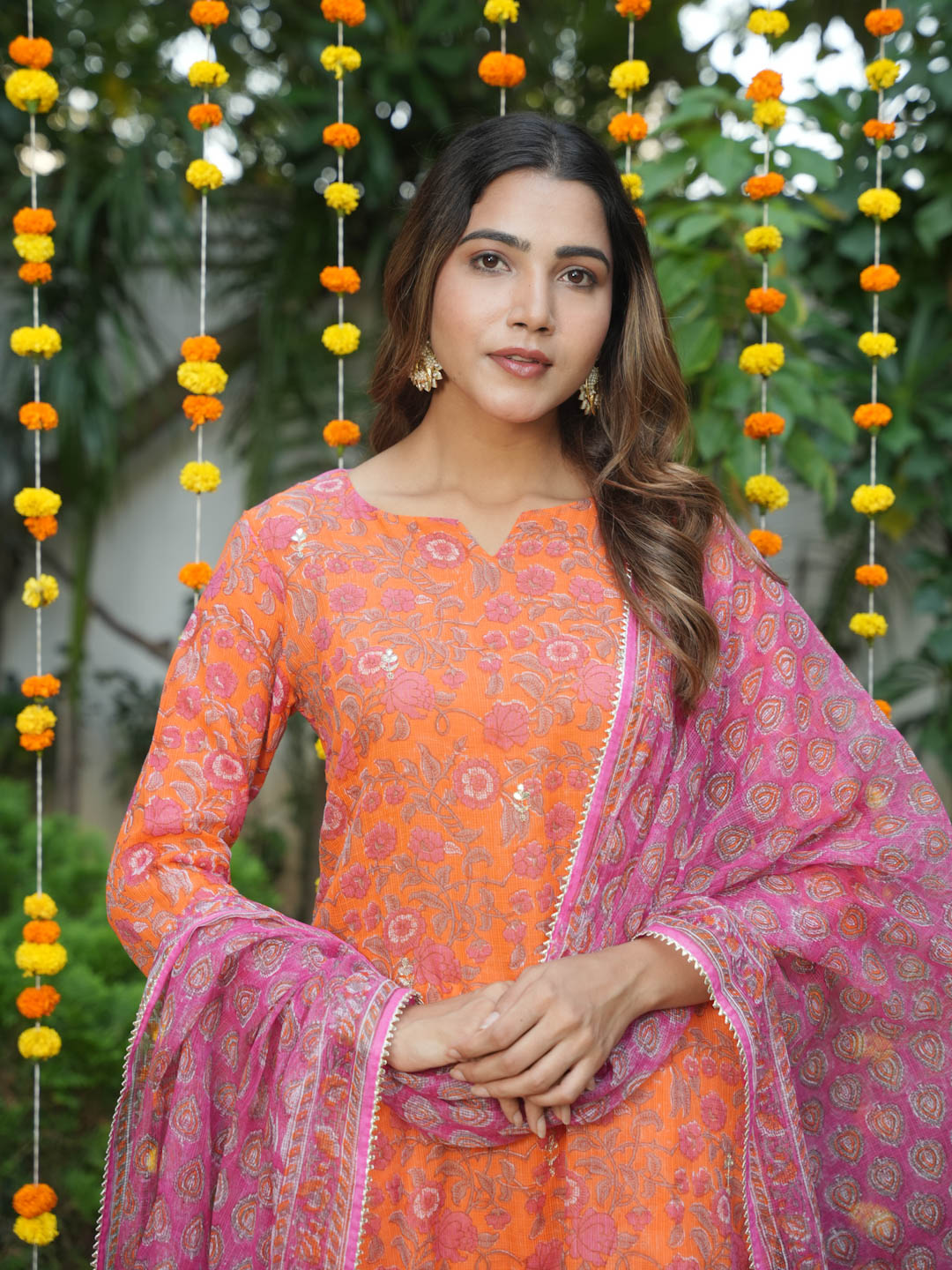ORANGE KOTA DORIA SUIT SET WITH HANDBLOCK AND GOTTA WORK