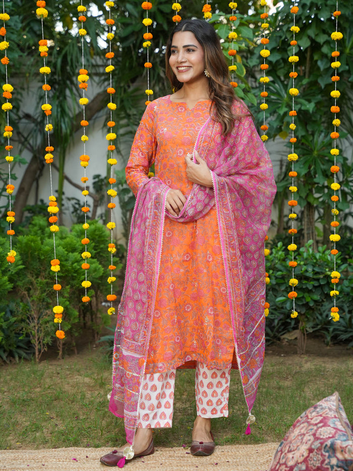 ORANGE KOTA DORIA SUIT SET WITH HANDBLOCK AND GOTTA WORK