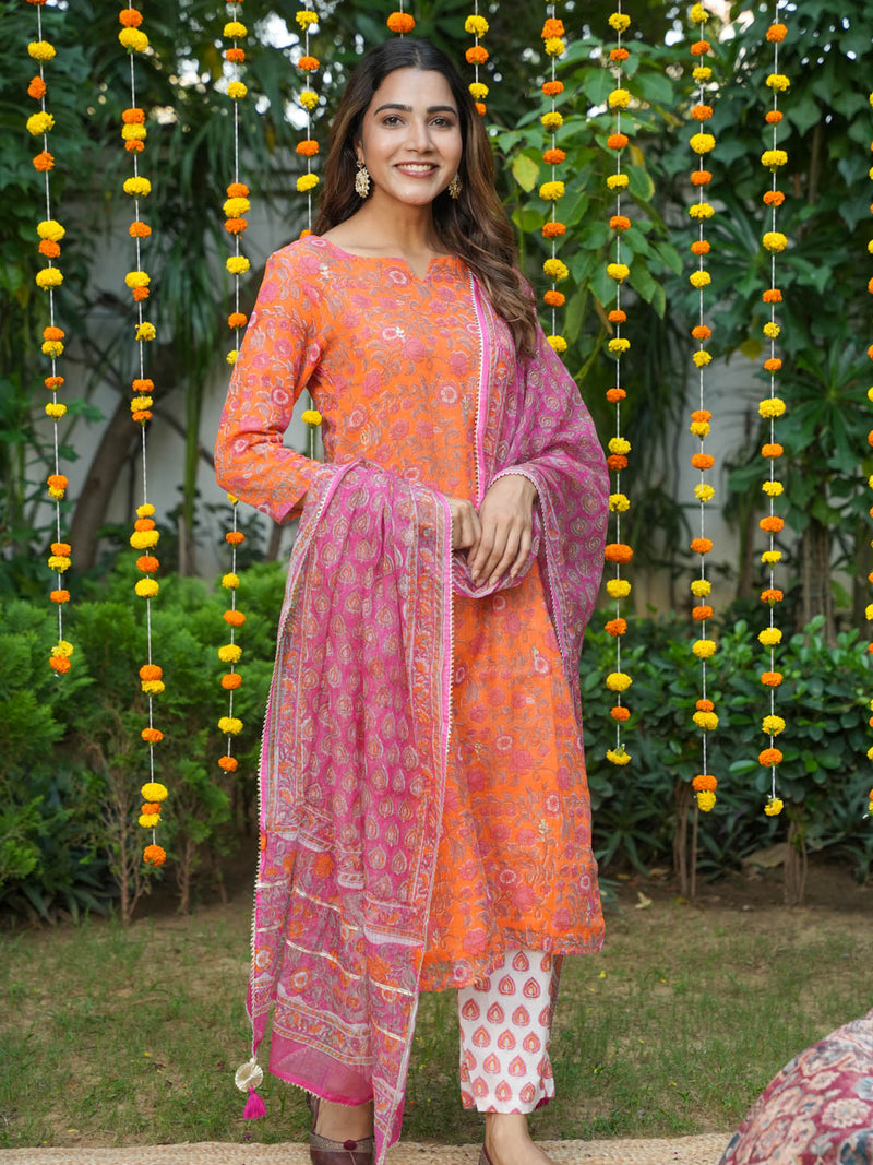 ORANGE KOTA DORIA SUIT SET WITH HANDBLOCK AND GOTTA WORK