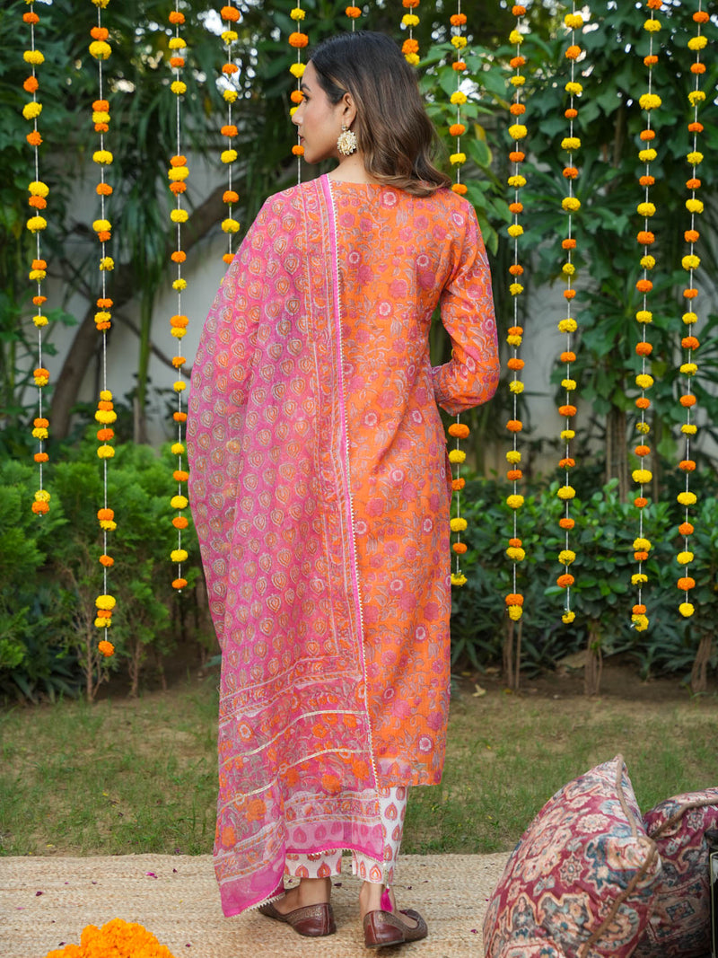 ORANGE KOTA DORIA SUIT SET WITH HANDBLOCK AND GOTTA WORK