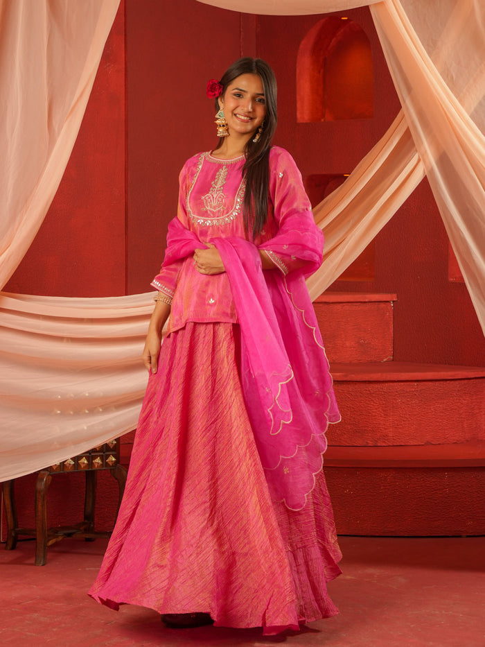 ROSE PINK KURTA & SKIRT SET WITH HANDWORK AND ORGANZA DUPATTA