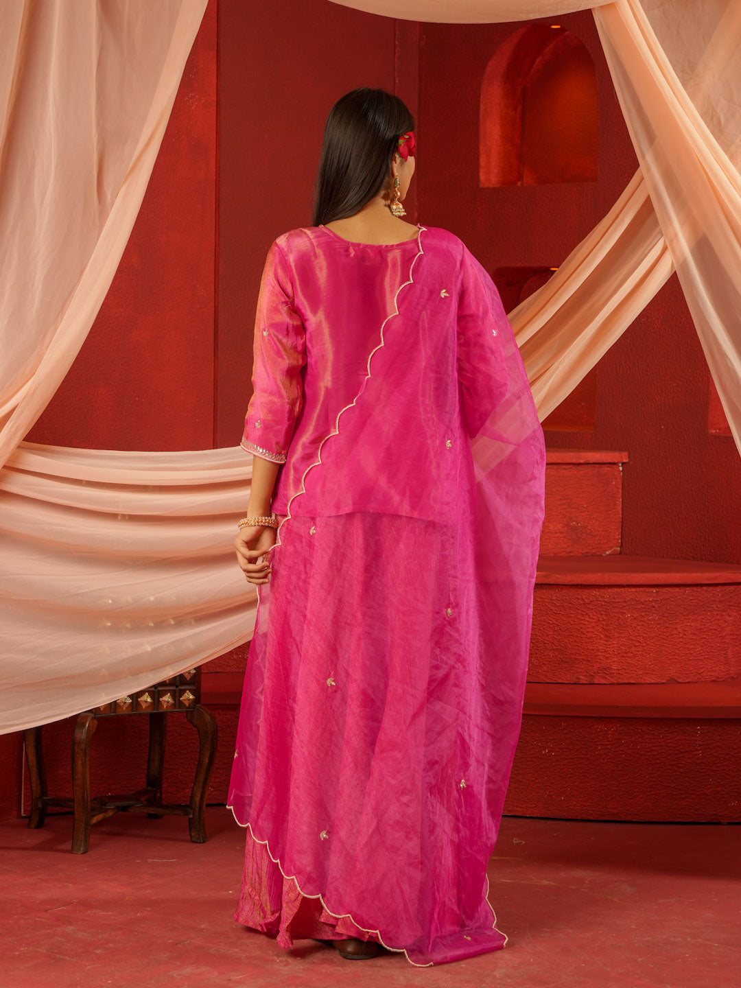 ROSE PINK KURTA & SKIRT SET WITH HANDWORK AND ORGANZA DUPATTA
