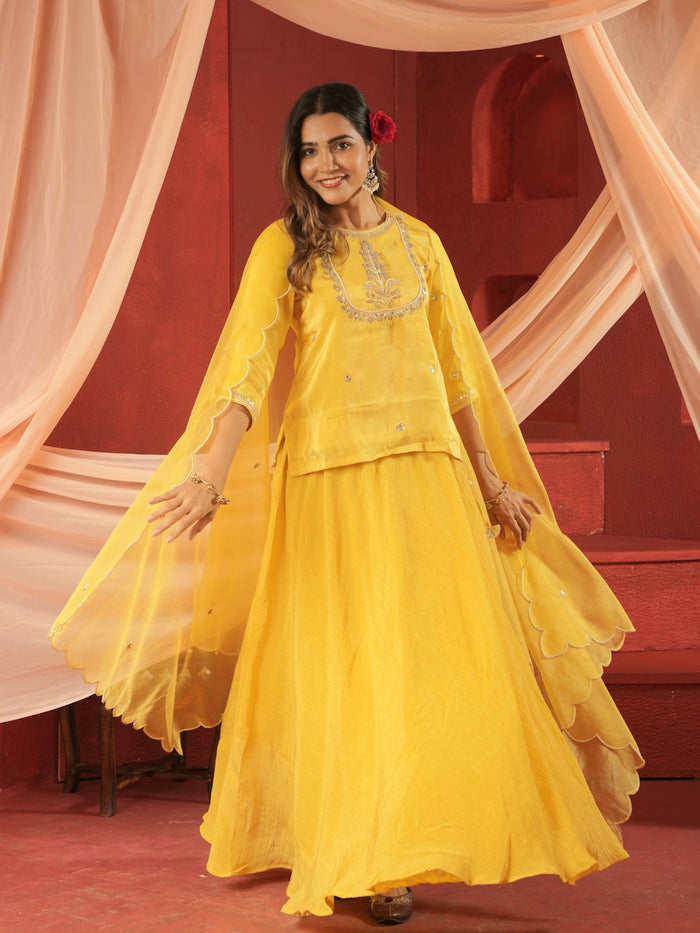 MARIGOLD YELLOW KURTA & SKIRT SET WITH HANDWORK AND ORGANZA DUPATTA