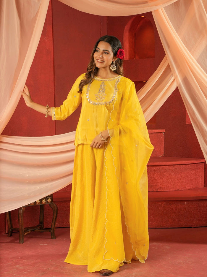 MARIGOLD YELLOW KURTA & SKIRT SET WITH HANDWORK AND ORGANZA DUPATTA