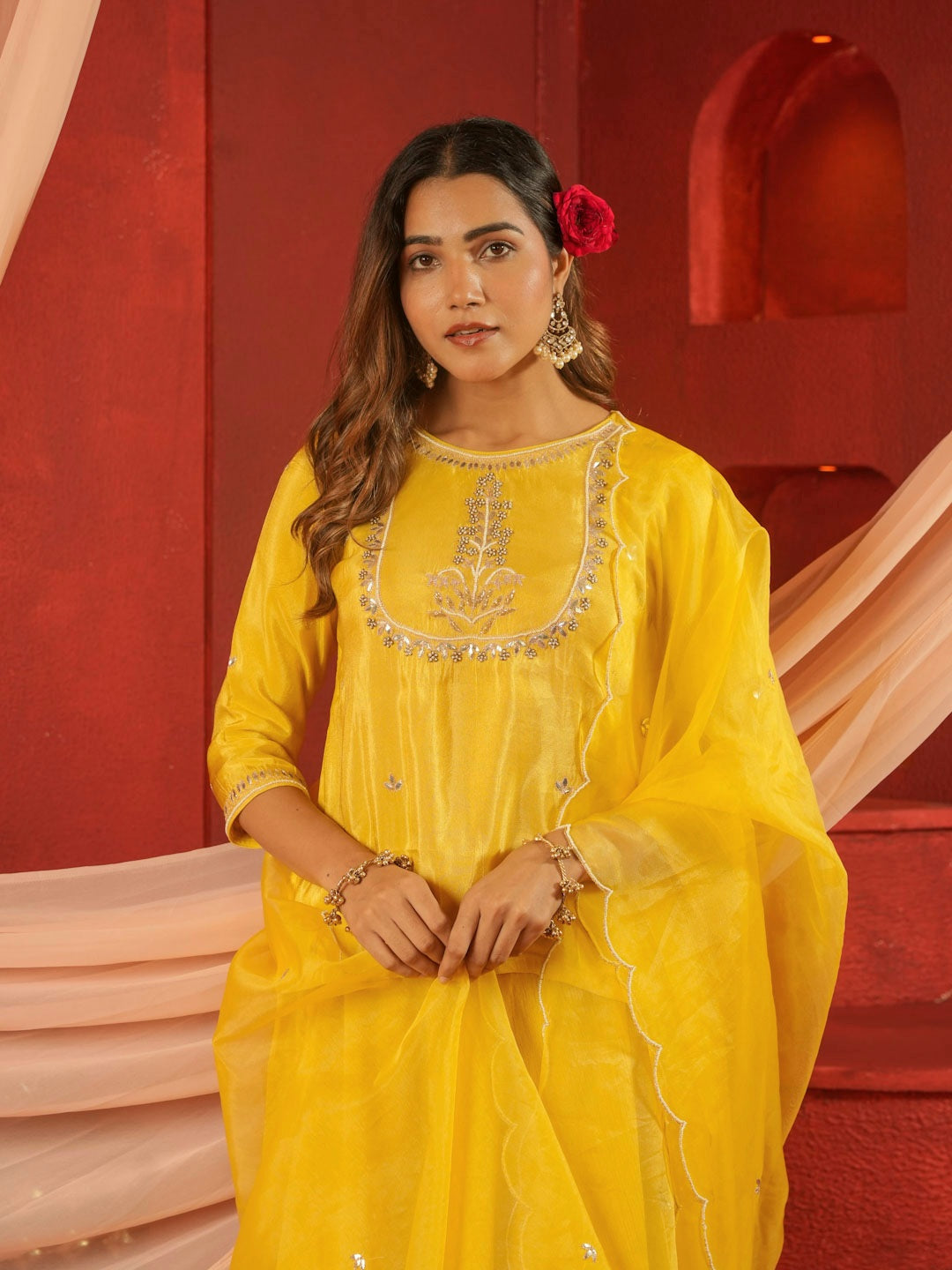 MARIGOLD YELLOW KURTA & SKIRT SET WITH HANDWORK AND ORGANZA DUPATTA