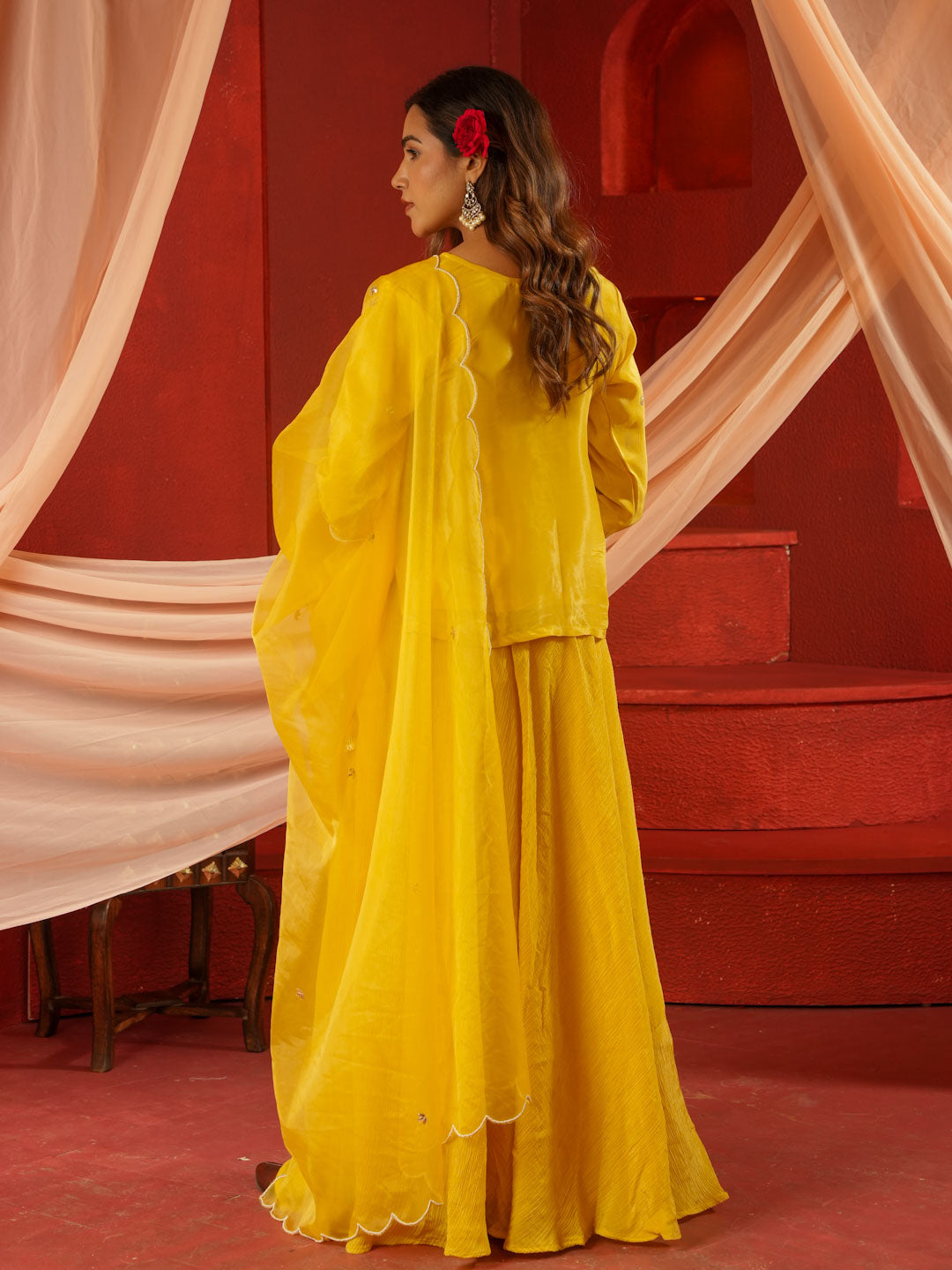 MARIGOLD YELLOW KURTA & SKIRT SET WITH HANDWORK AND ORGANZA DUPATTA