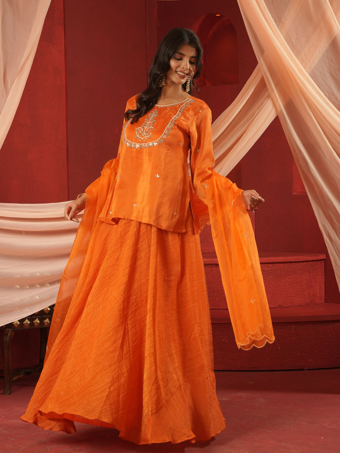 ORANGE KURTA & SKIRT SET WITH HANDWORK AND ORGANZA DUPATTA