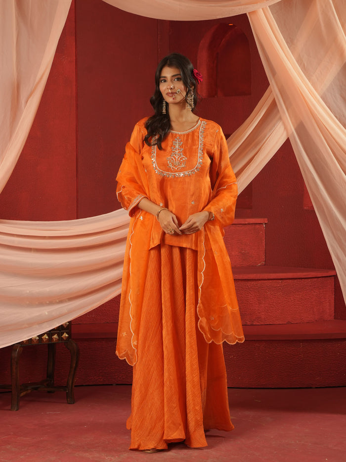 ORANGE KURTA & SKIRT SET WITH HANDWORK AND ORGANZA DUPATTA