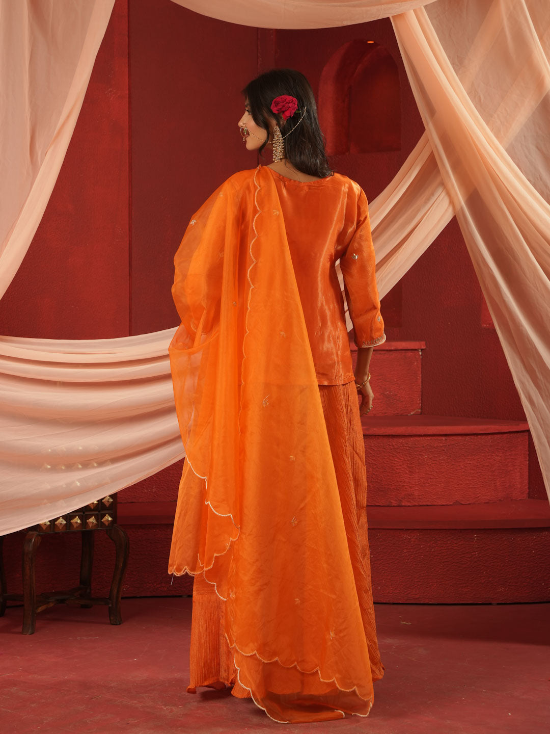 ORANGE KURTA & SKIRT SET WITH HANDWORK AND ORGANZA DUPATTA