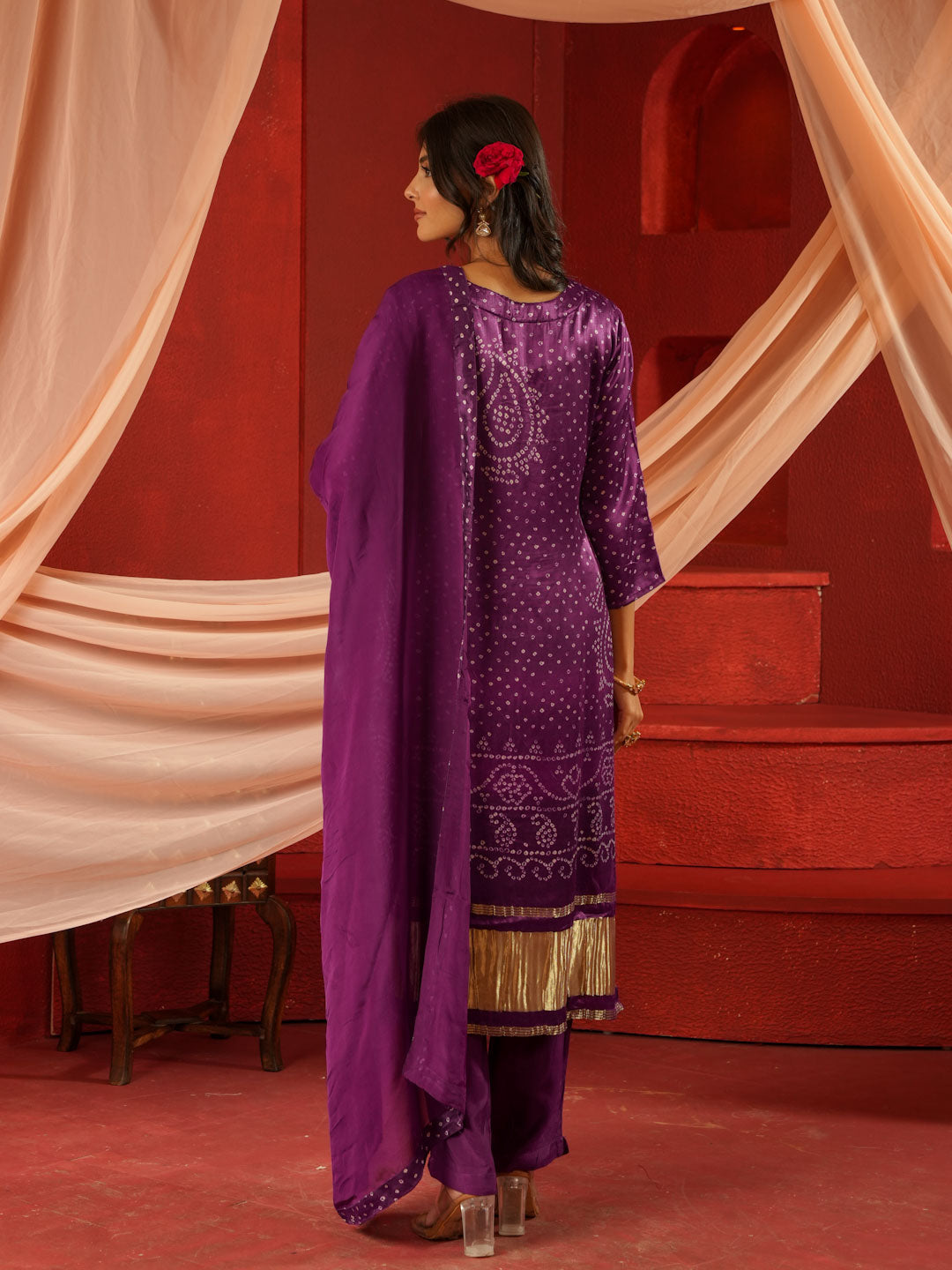 VIOLET BANDHEJ PRINT SUIT SET WITH ORGANZA DUPATTA