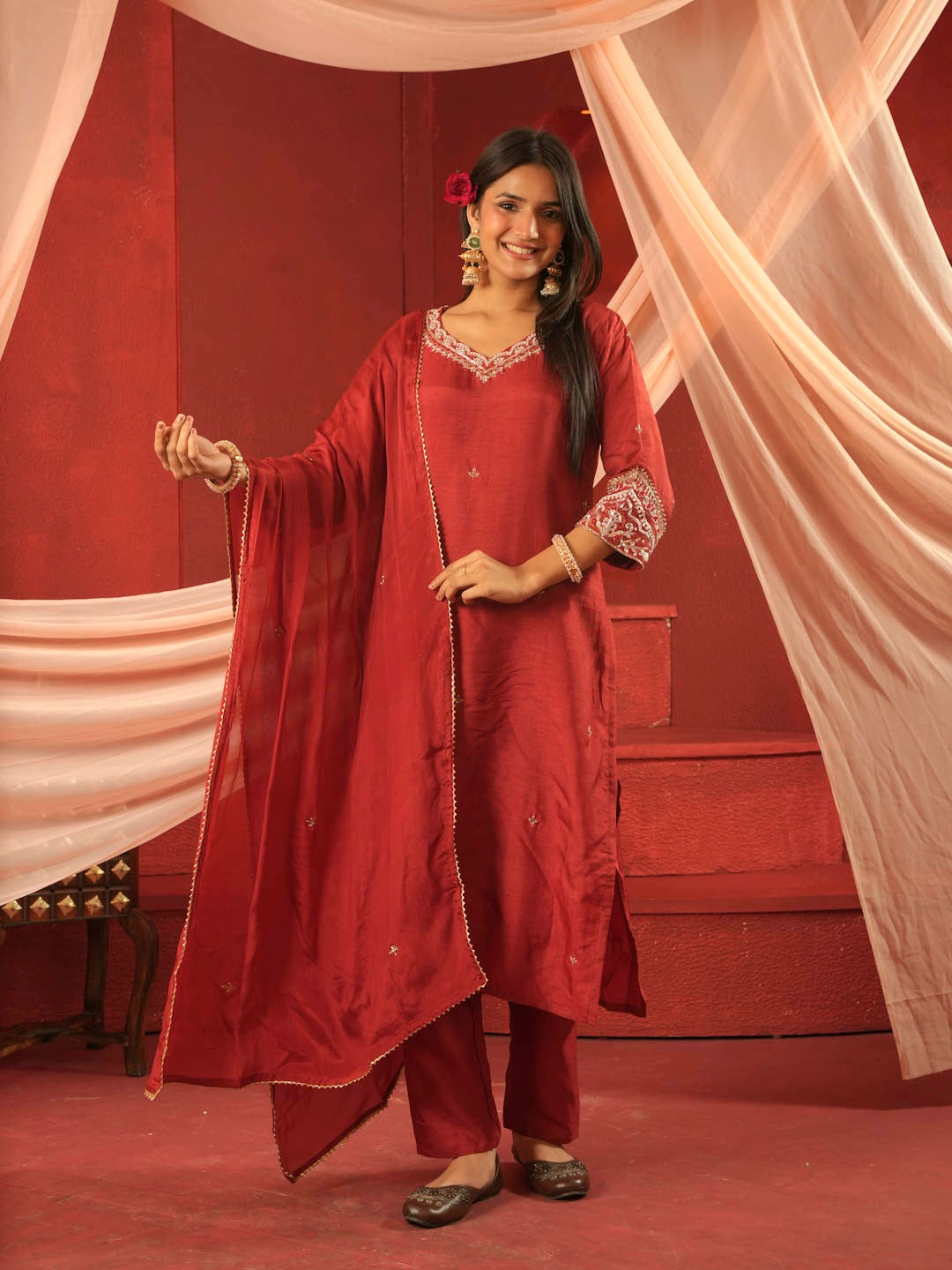 CRIMSON RED HANDWORK SUIT SET