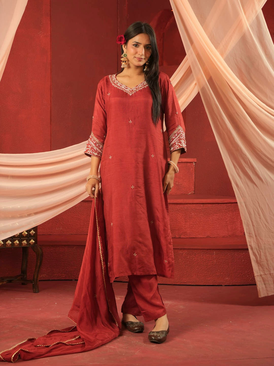 CRIMSON RED HANDWORK SUIT SET