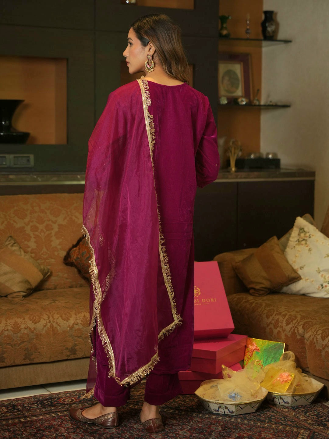 NOOR PINK VELVET SUIT SET WITH HANDWORK
