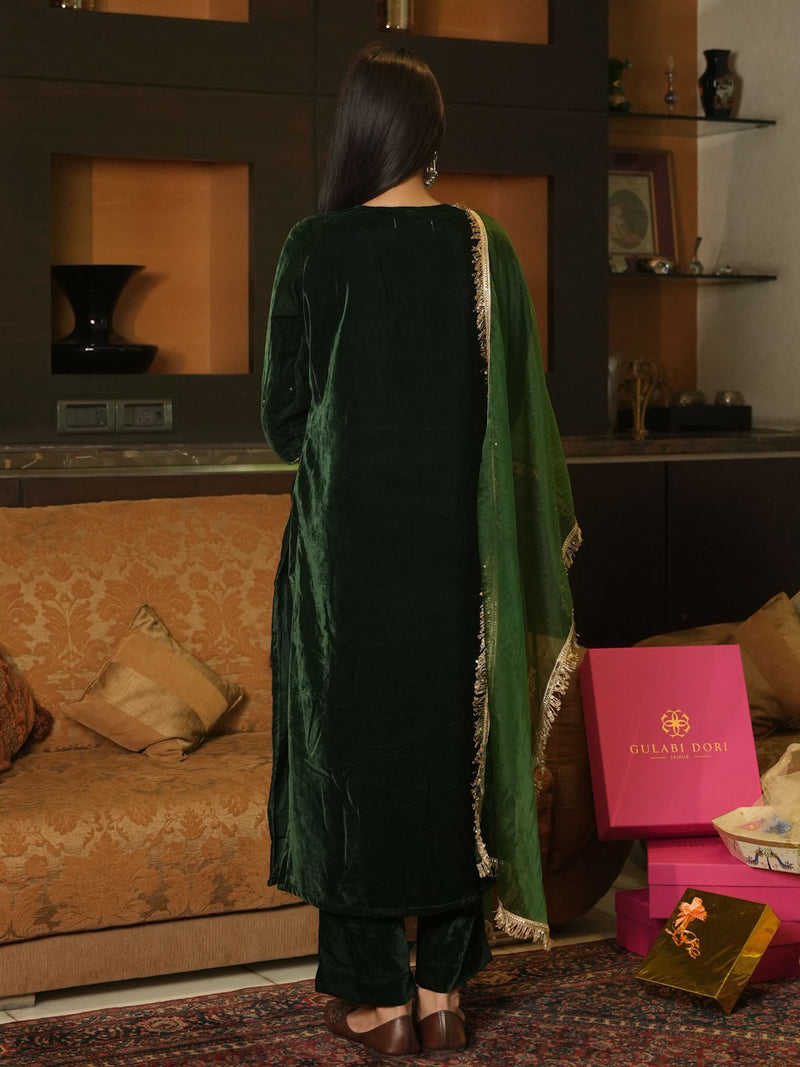 PEACOCK GREEN VELVET SUIT SET WITH HANDWORK