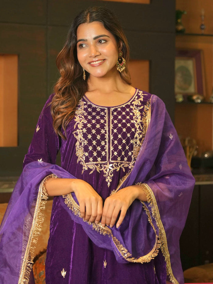 ROYAL PURPLE VELVET SUIT SET WITH HANDWORK