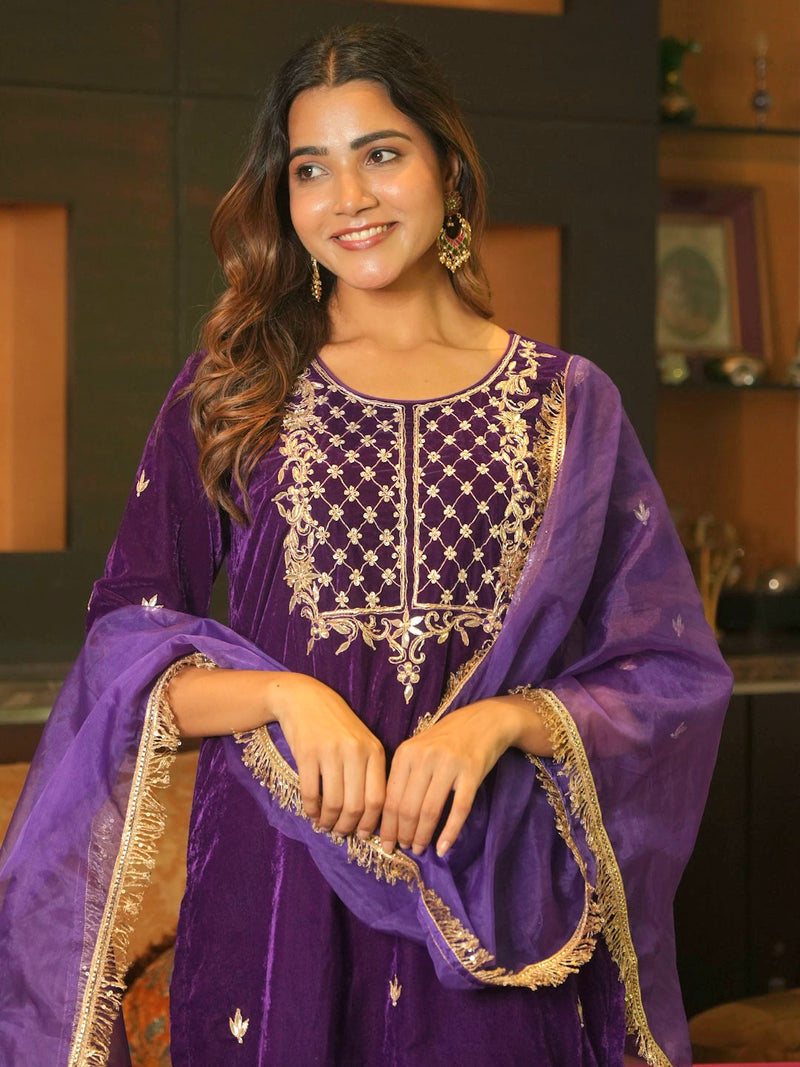 ROYAL PURPLE VELVET SUIT SET WITH HANDWORK