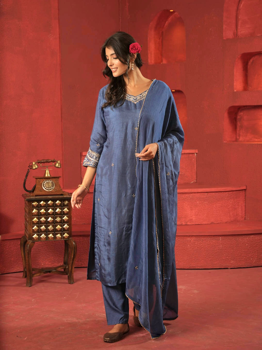 INDIGO HANDWORK SUIT SET WITH ORGANZA DUATTA