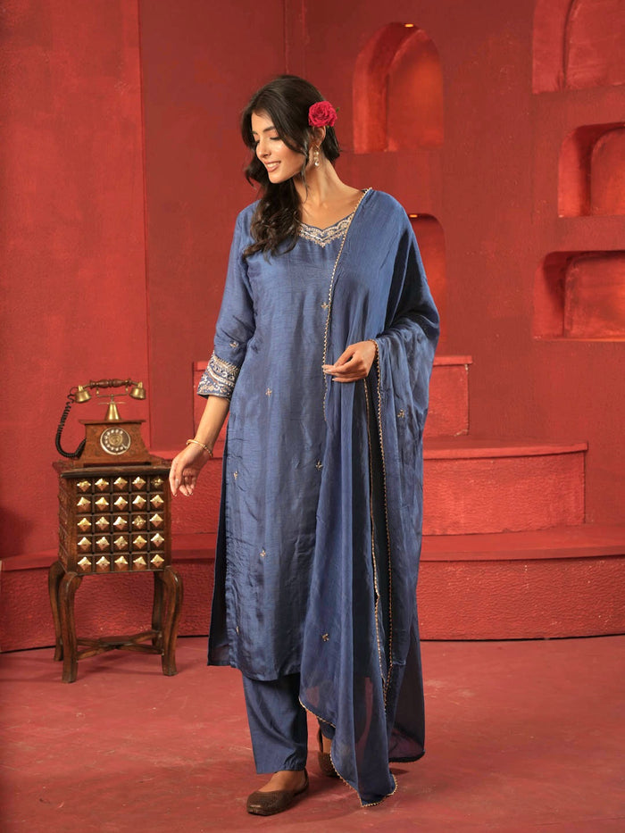 INDIGO HANDWORK SUIT SET WITH ORGANZA DUATTA