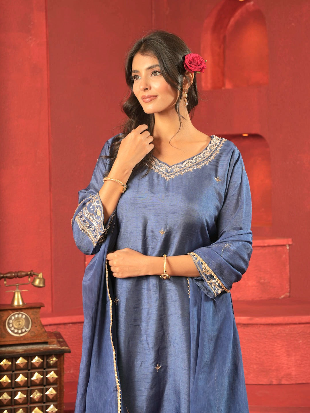INDIGO HANDWORK SUIT SET WITH ORGANZA DUATTA