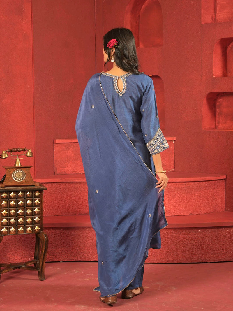 INDIGO HANDWORK SUIT SET WITH ORGANZA DUATTA