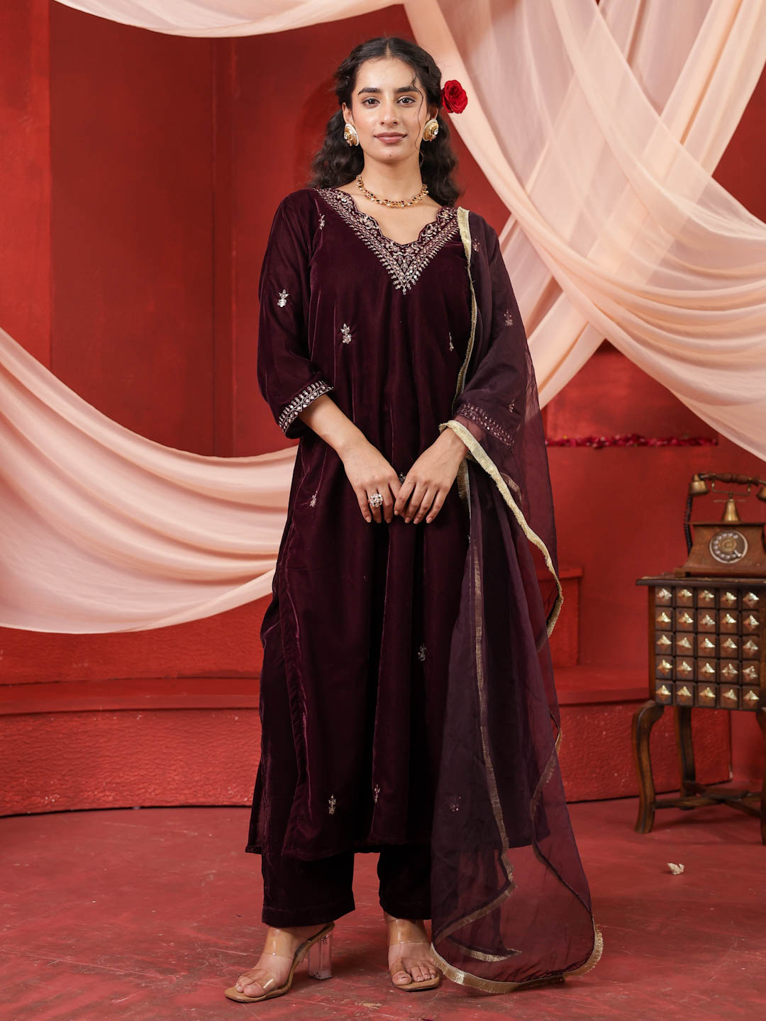 WINE VELVET HANDWORK SUIT SET