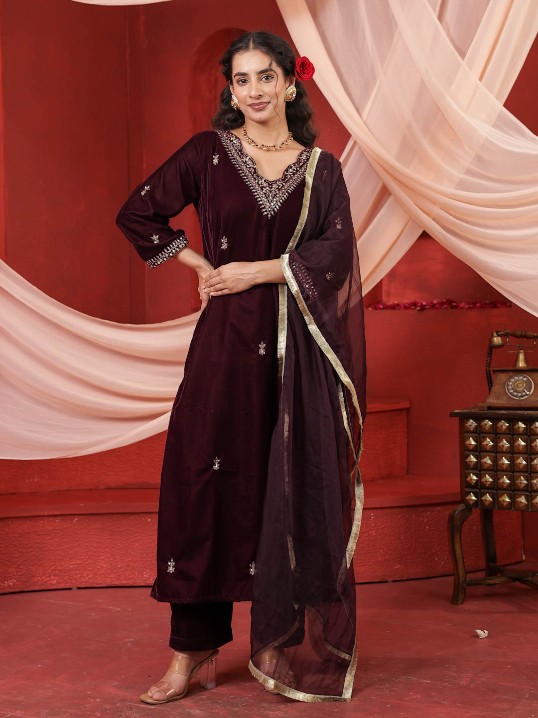 WINE VELVET HANDWORK SUIT SET