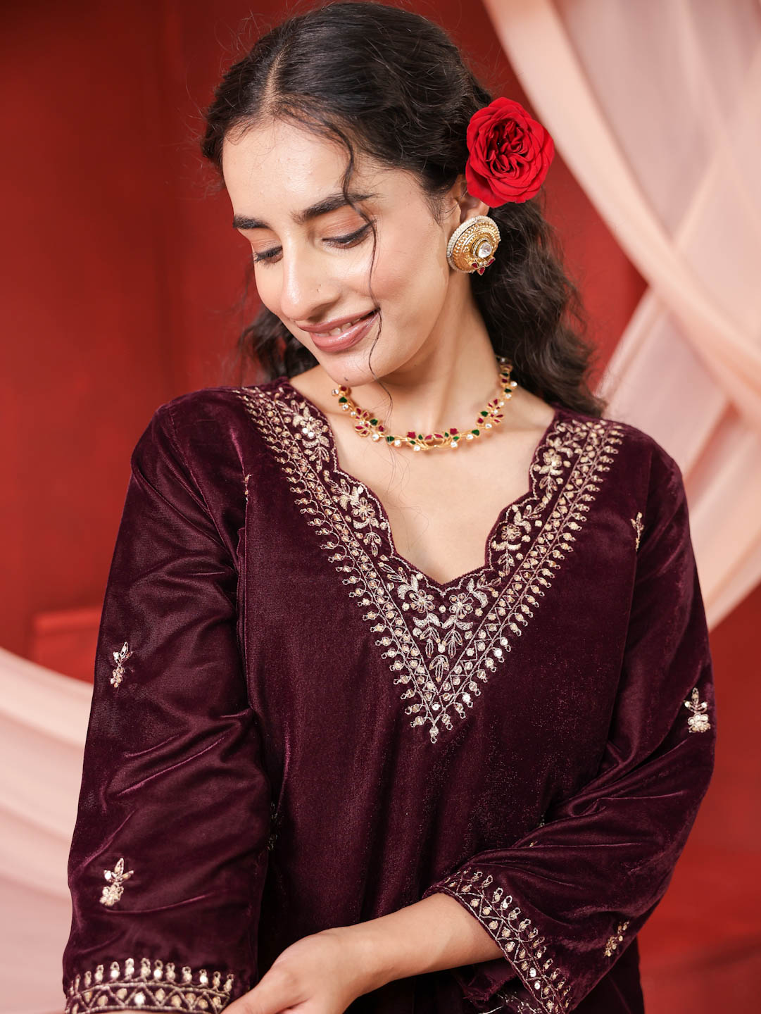 WINE VELVET HANDWORK SUIT SET