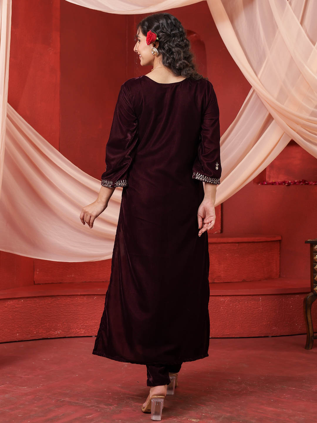 WINE VELVET HANDWORK SUIT SET