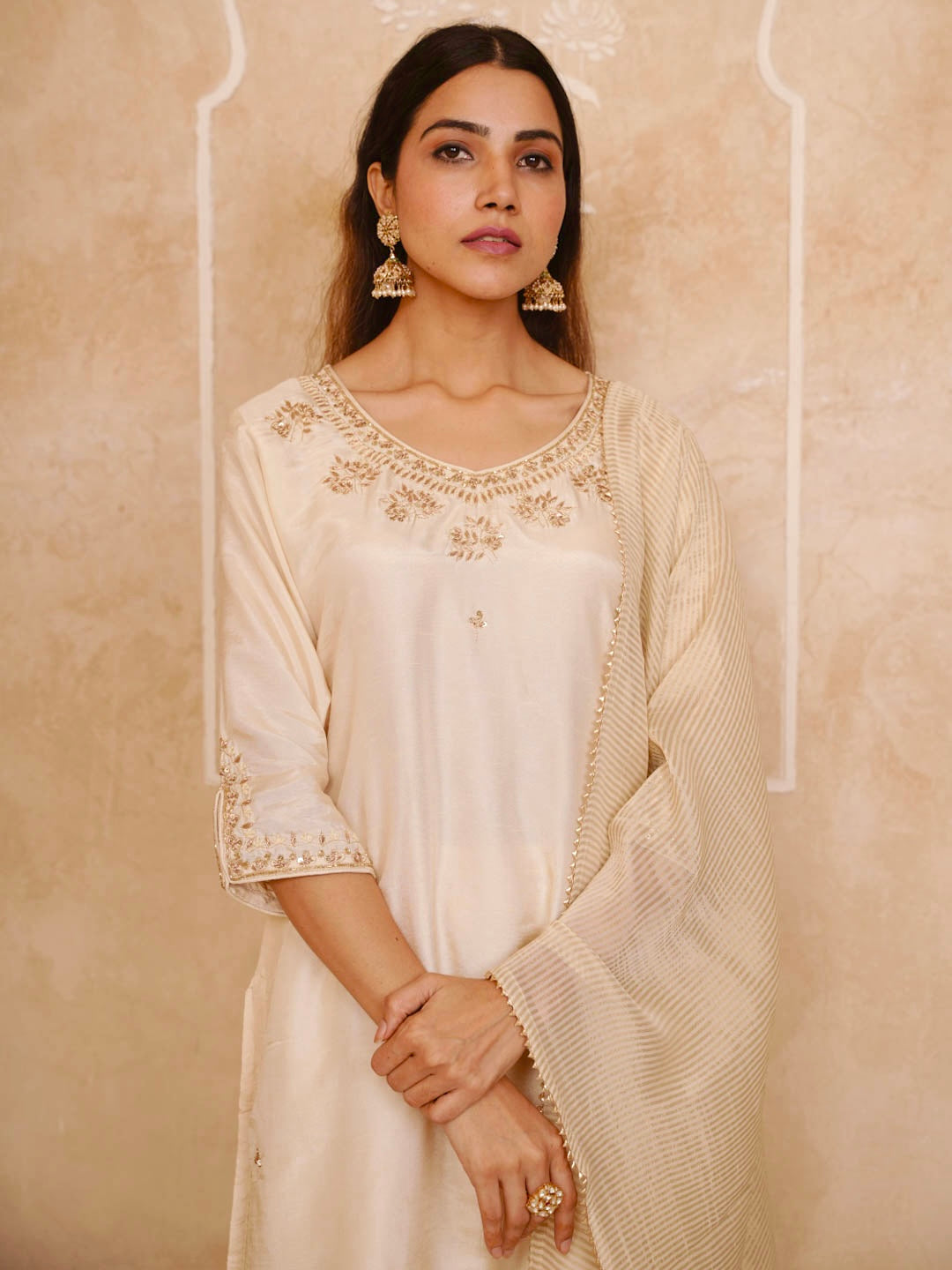 CREAM HANDWORK SUIT SET WITH STRIPED DUPATTA