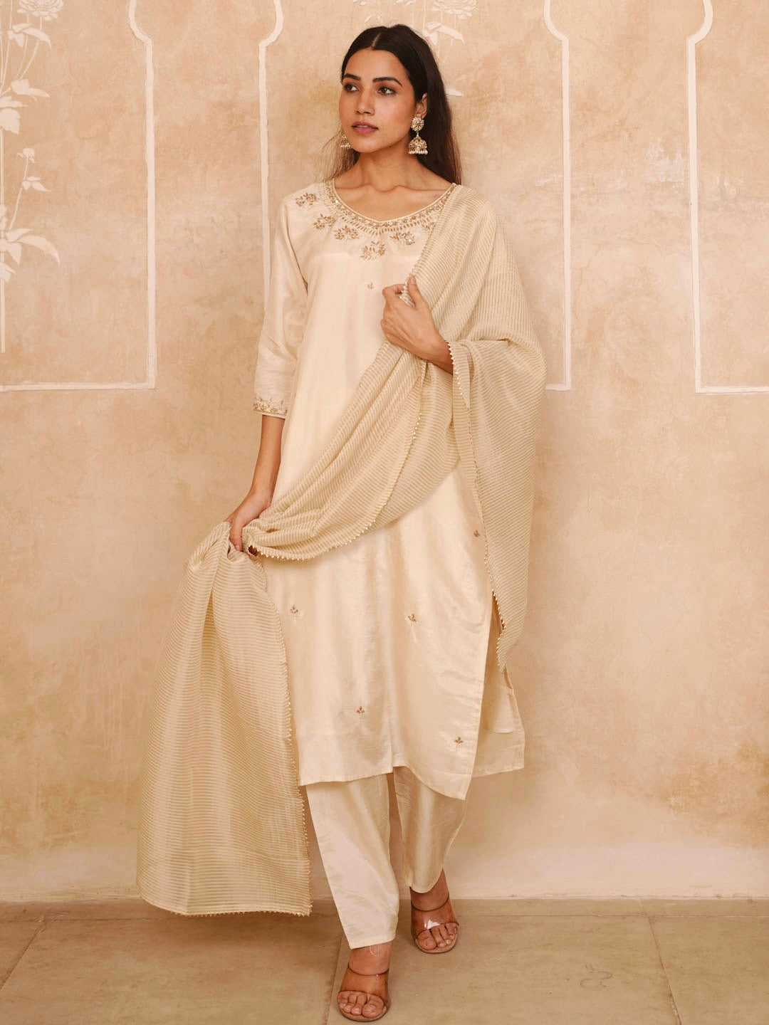 CREAM HANDWORK SUIT SET WITH STRIPED DUPATTA