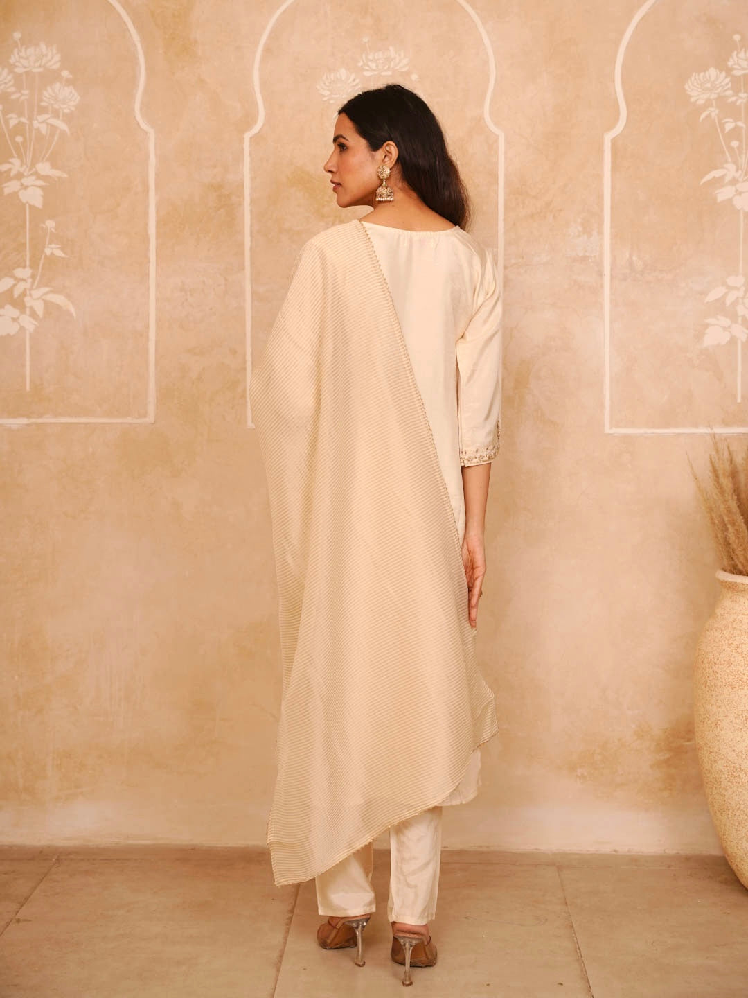 CREAM HANDWORK SUIT SET WITH STRIPED DUPATTA
