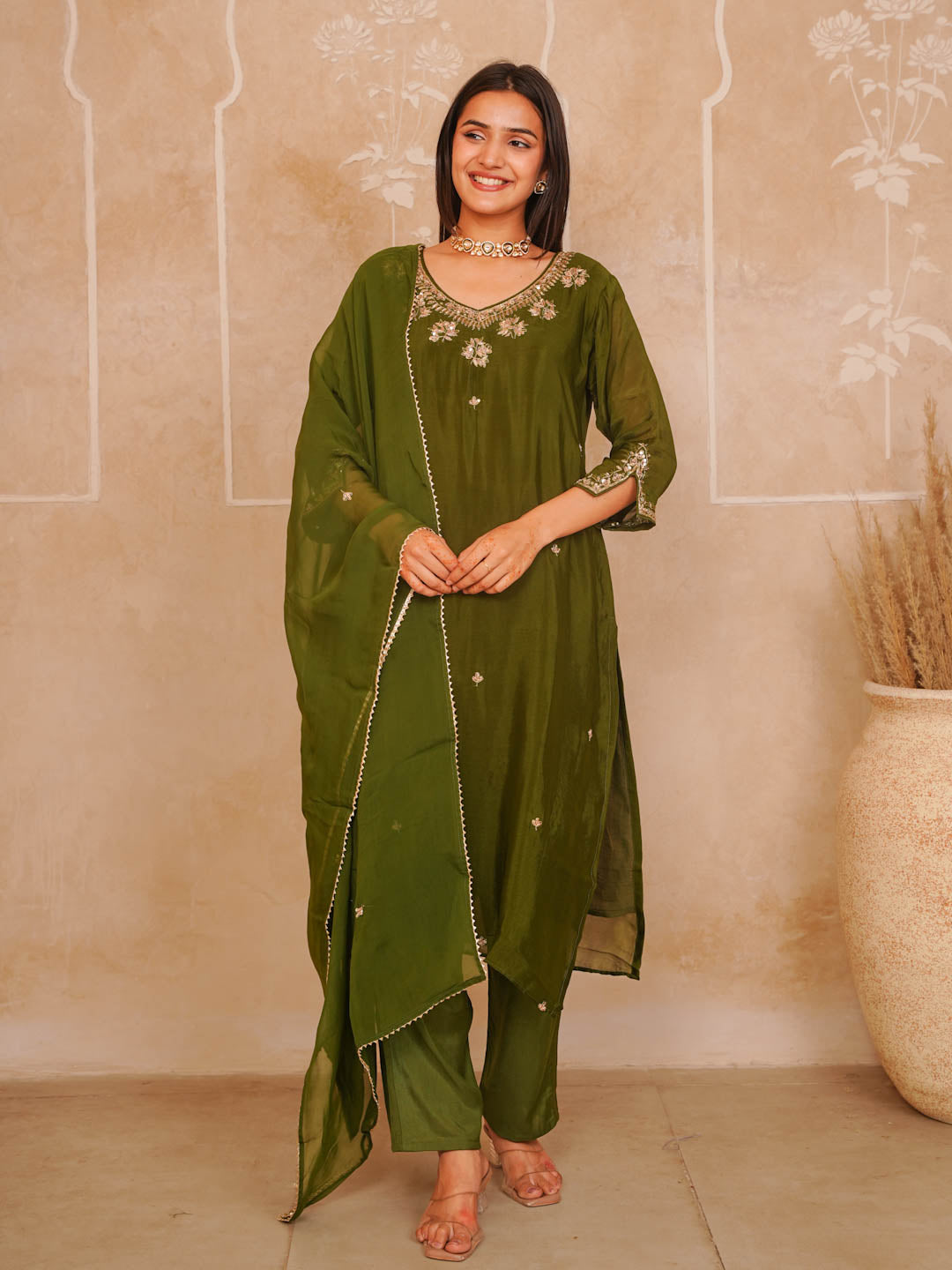 MOSS GREEN HANDWORK SUIT SET WITH ORGANZA DUPATTA