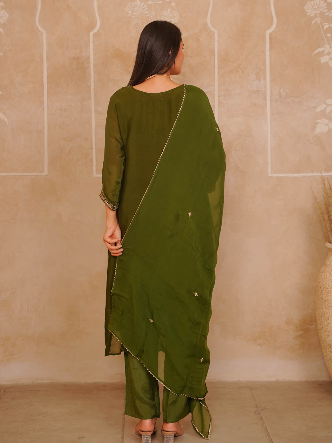 MOSS GREEN HANDWORK SUIT SET WITH ORGANZA DUPATTA