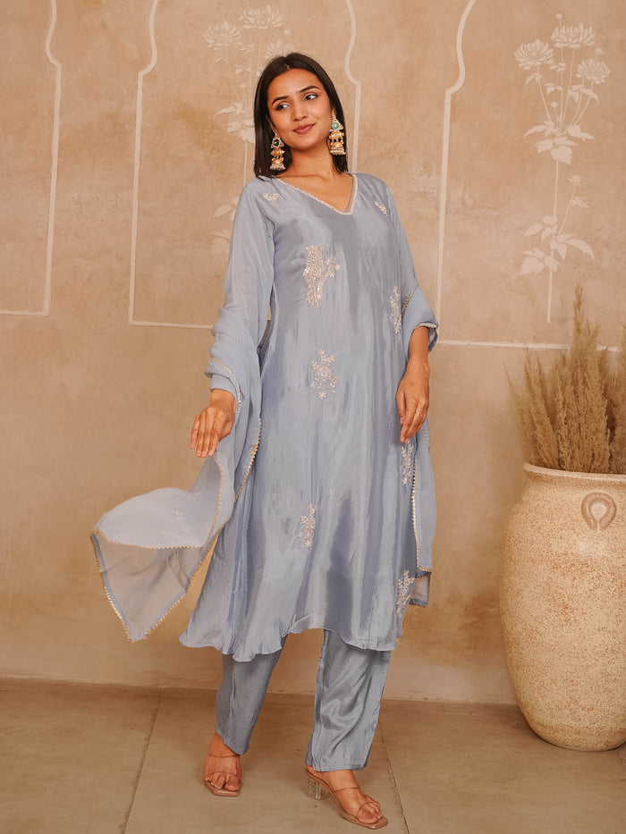DUSTY BLUE HANDWORK SUIT SET WITH DUPATTA