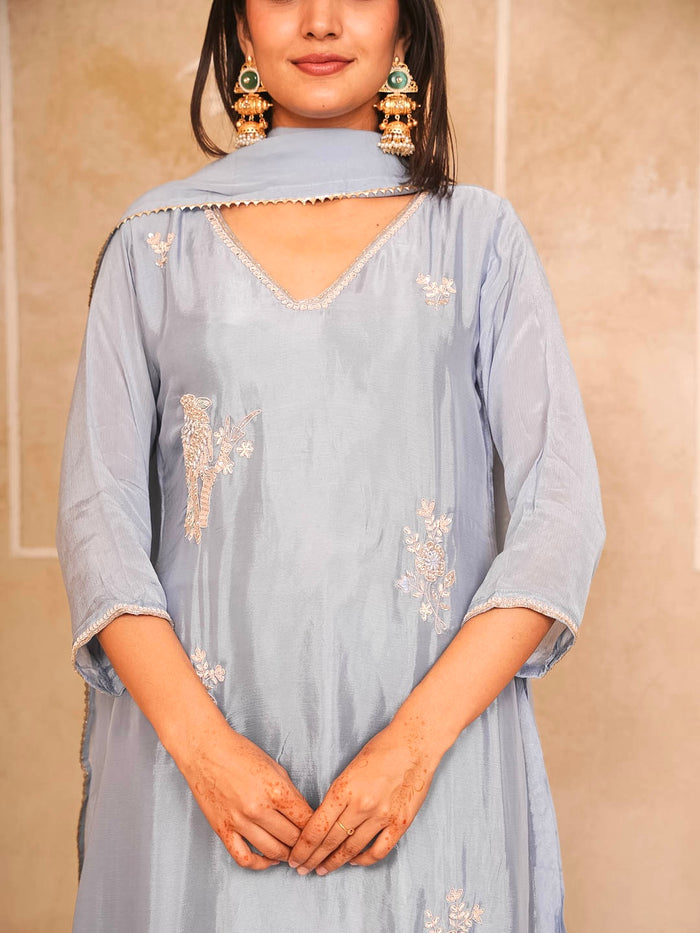 DUSTY BLUE HANDWORK SUIT SET WITH DUPATTA