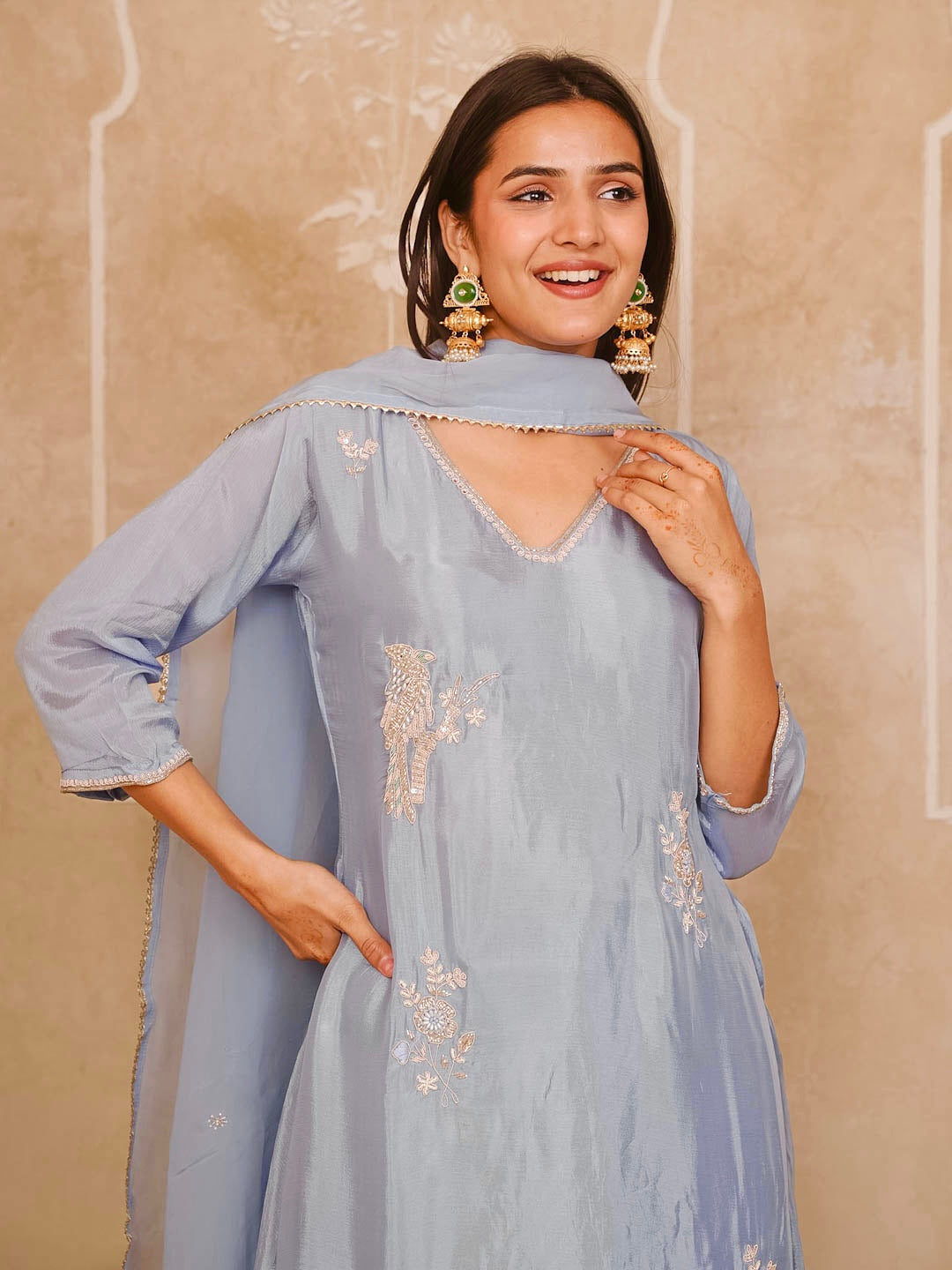 DUSTY BLUE HANDWORK SUIT SET WITH DUPATTA