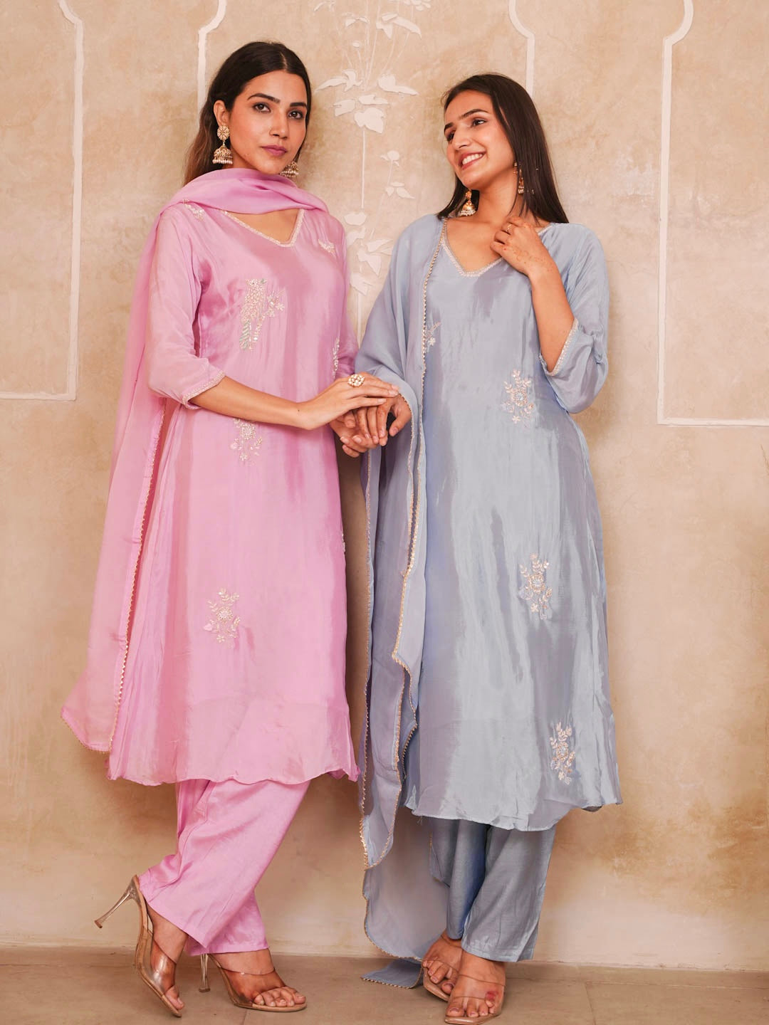 DUSTY BLUE HANDWORK SUIT SET WITH DUPATTA