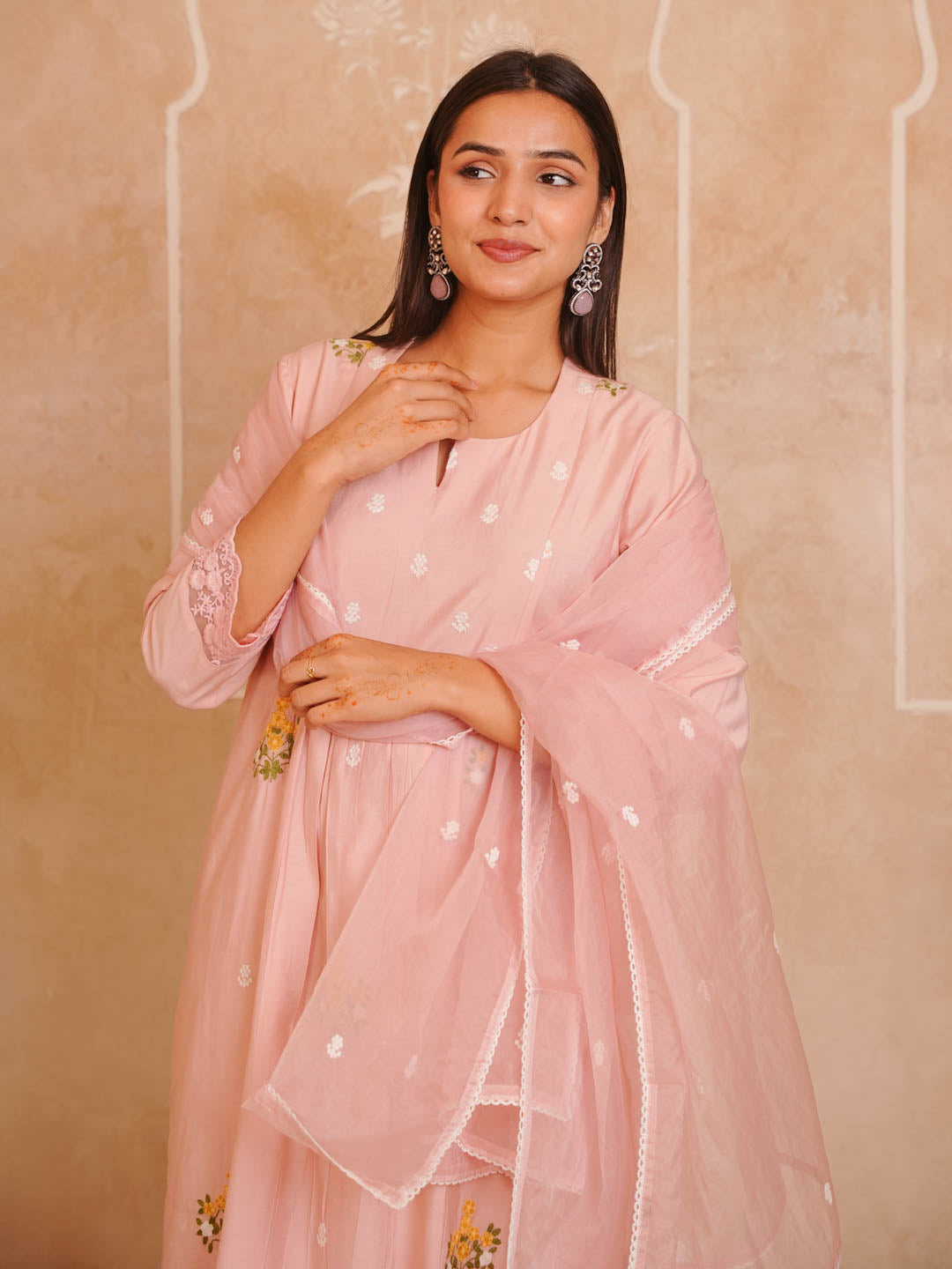 PETAL PINK CHANDERI SUIT SET WITH EMBROIDERY