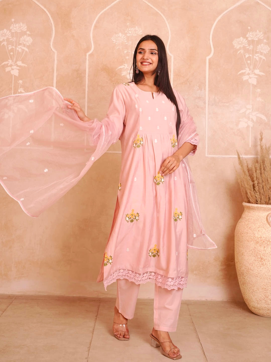 PETAL PINK CHANDERI SUIT SET WITH EMBROIDERY