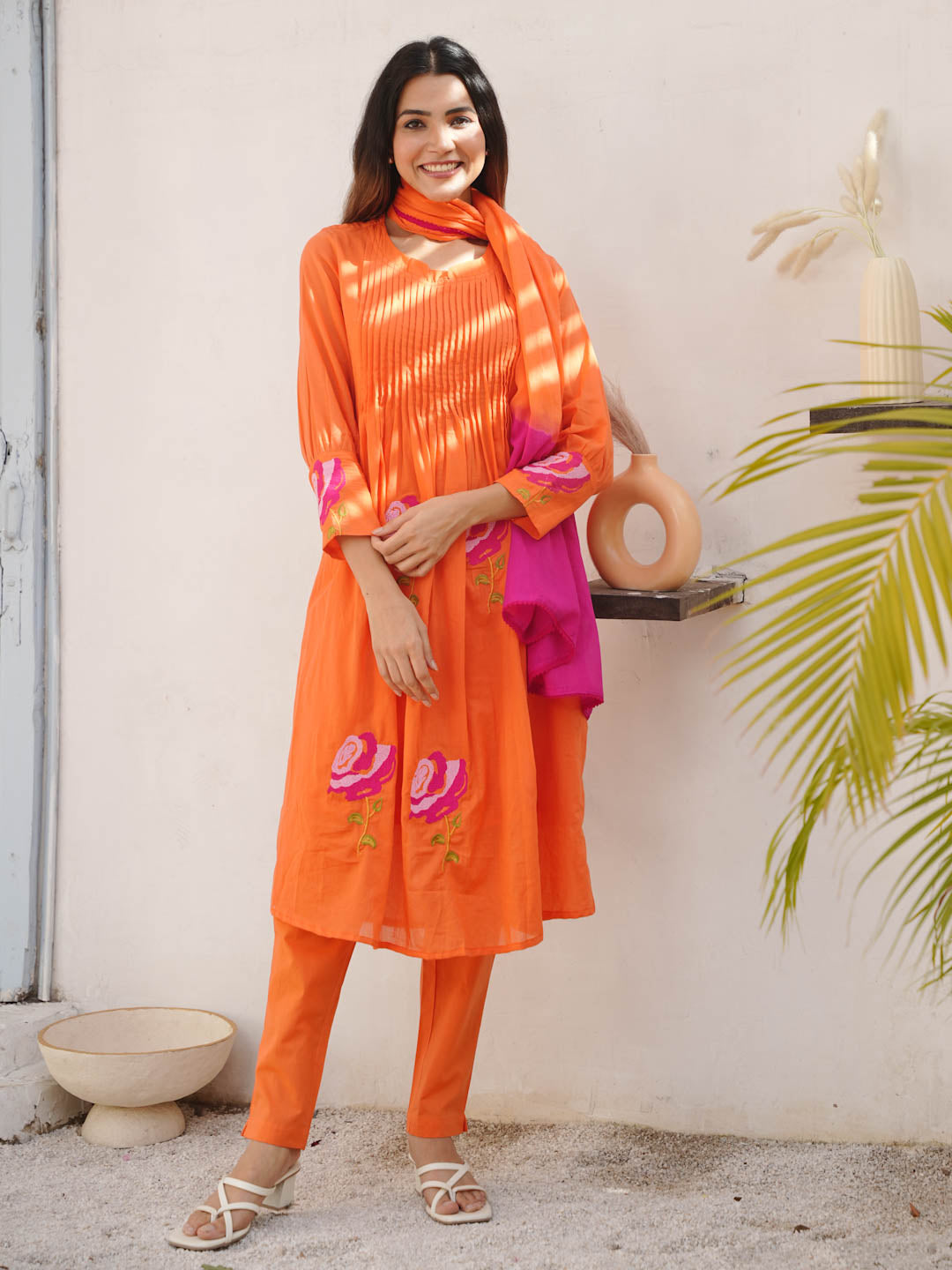 ORANGE AND PINK PRINTED FLOWER COTTON SUIT SET