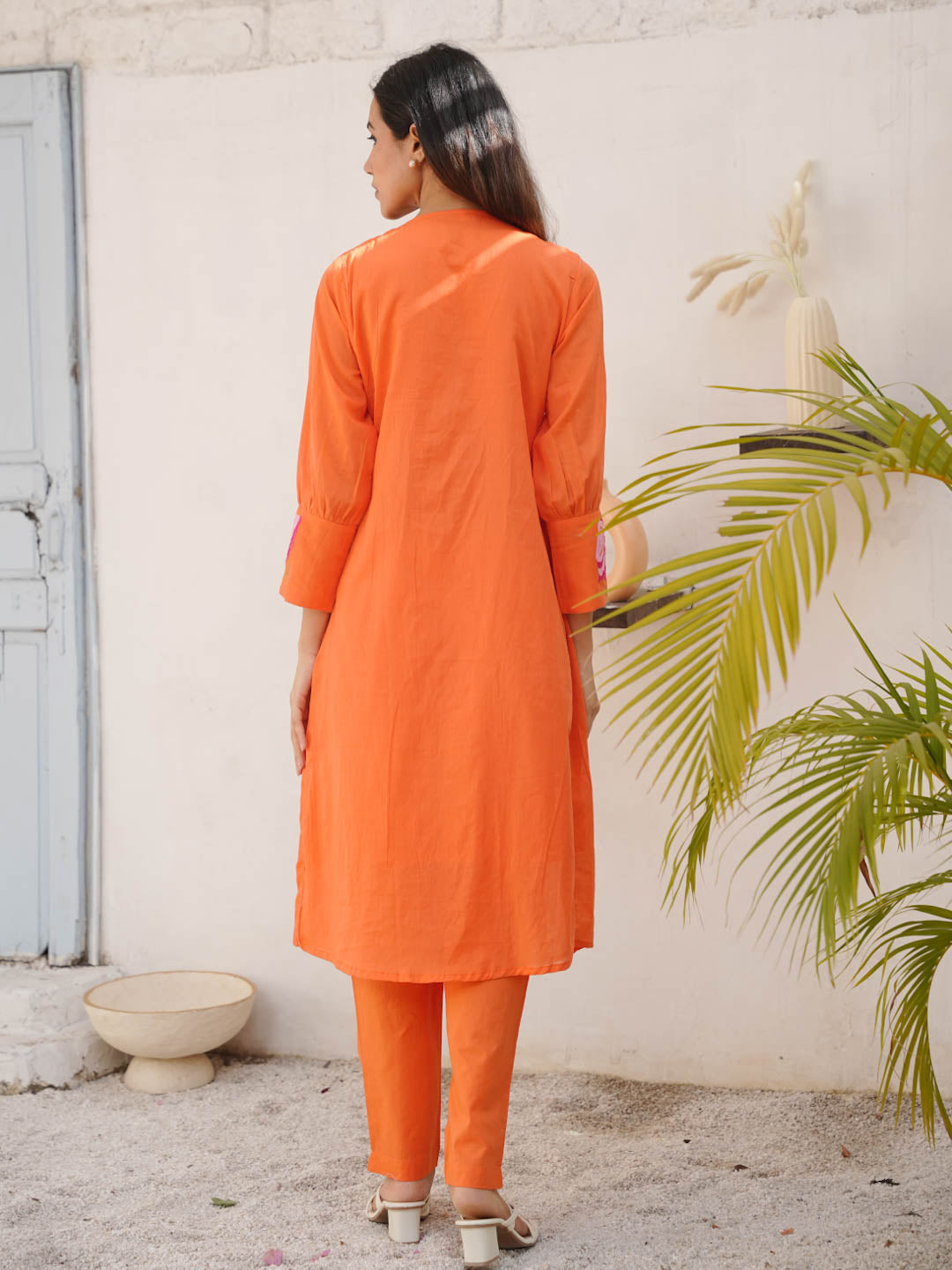 ORANGE AND PINK PRINTED FLOWER COTTON SUIT SET