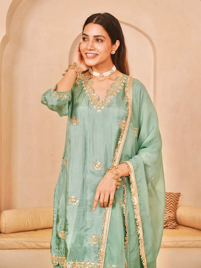 SEA GREEN PALAZZO SET WITH ORGANZA DUPATTA