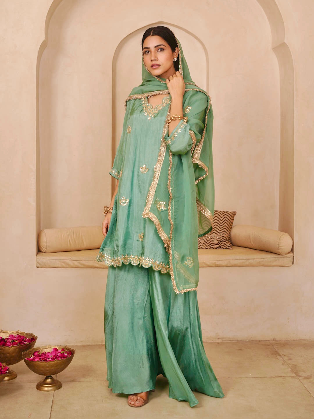 SEA GREEN PALAZZO SET WITH ORGANZA DUPATTA