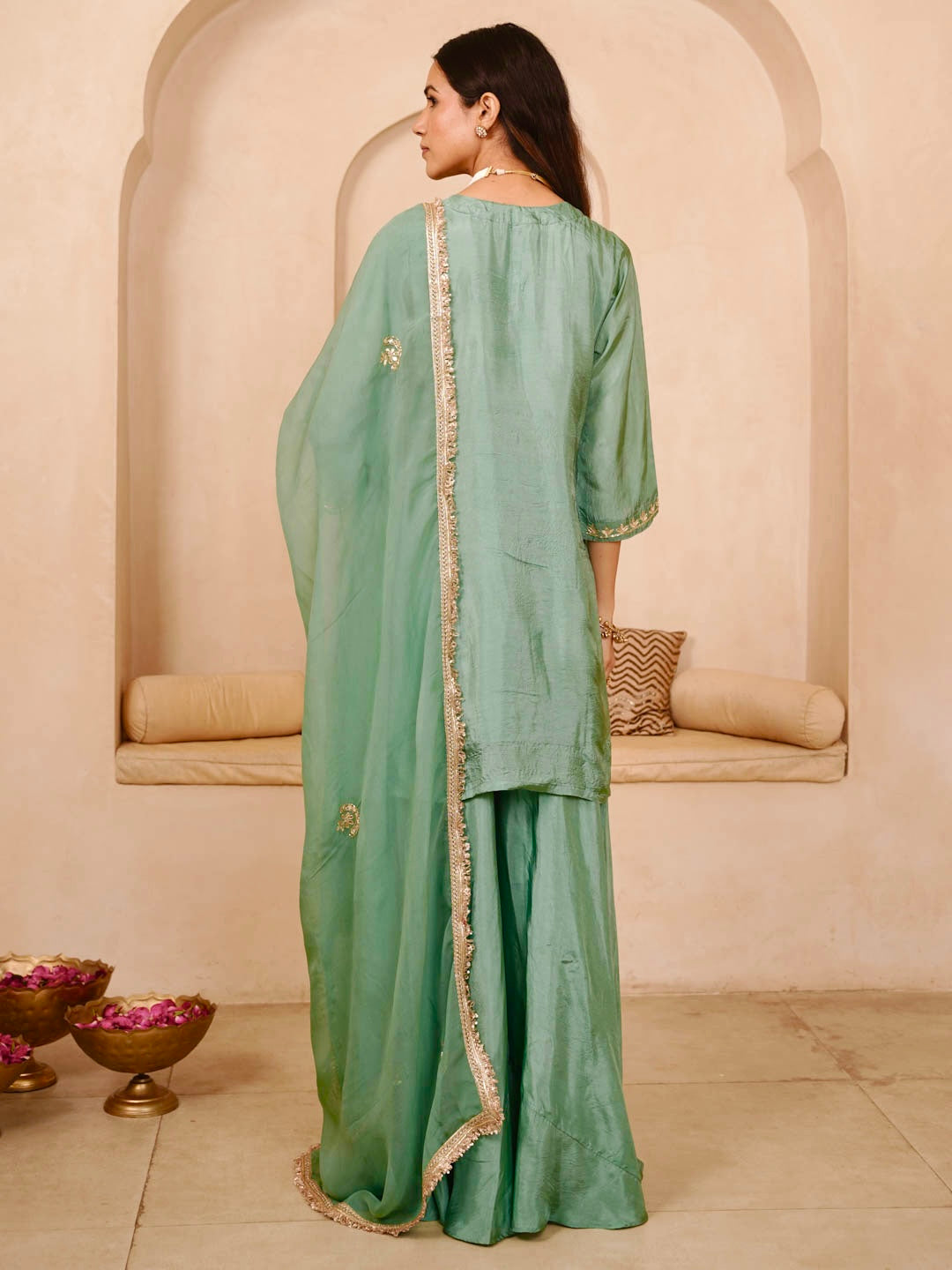 SEA GREEN PALAZZO SET WITH ORGANZA DUPATTA